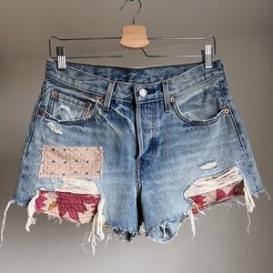Levis 501 Womens Patchwork Distressed Denim Jean Shorts Light Wash 30 Cut Offs